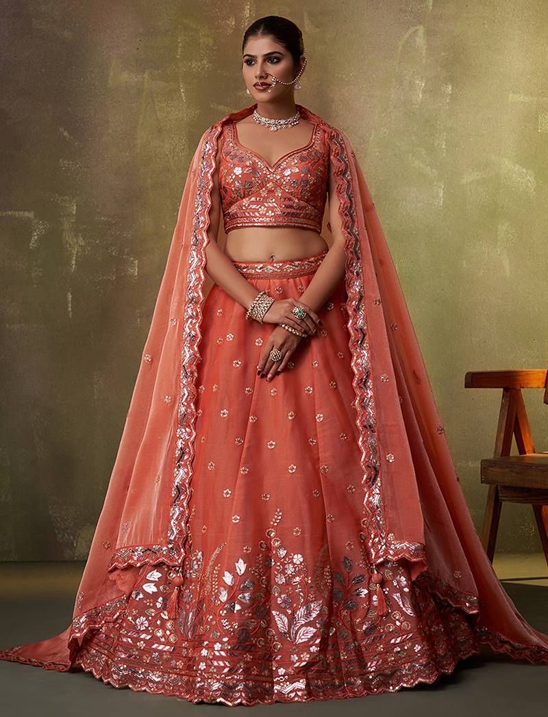 ORANGE Organza Sequins Thread & Embroidery Lehenga Choli With Dupatta