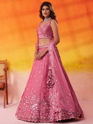 Pink Organza Sequins Thread & Embroidery Lehenga Choli With Dupatta 3
