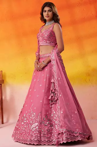 Pink Organza Sequins Thread & Embroidery Lehenga Choli With Dupatta