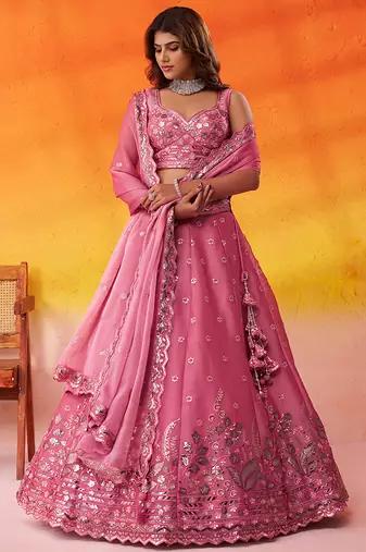 Pink Organza Sequins Thread & Embroidery Lehenga Choli With Dupatta