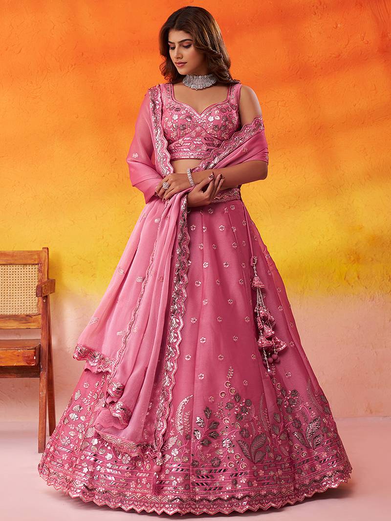 Pink Organza Sequins Thread & Embroidery Lehenga Choli With Dupatta