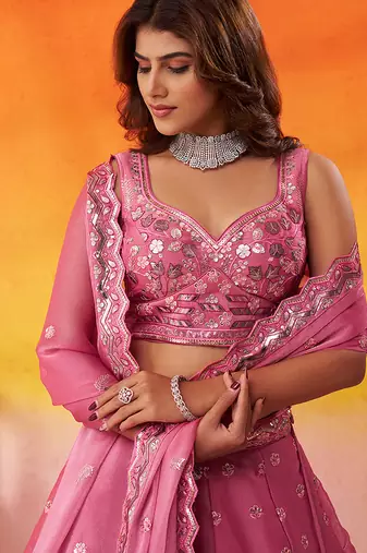 Pink Organza Sequins Thread & Embroidery Lehenga Choli With Dupatta