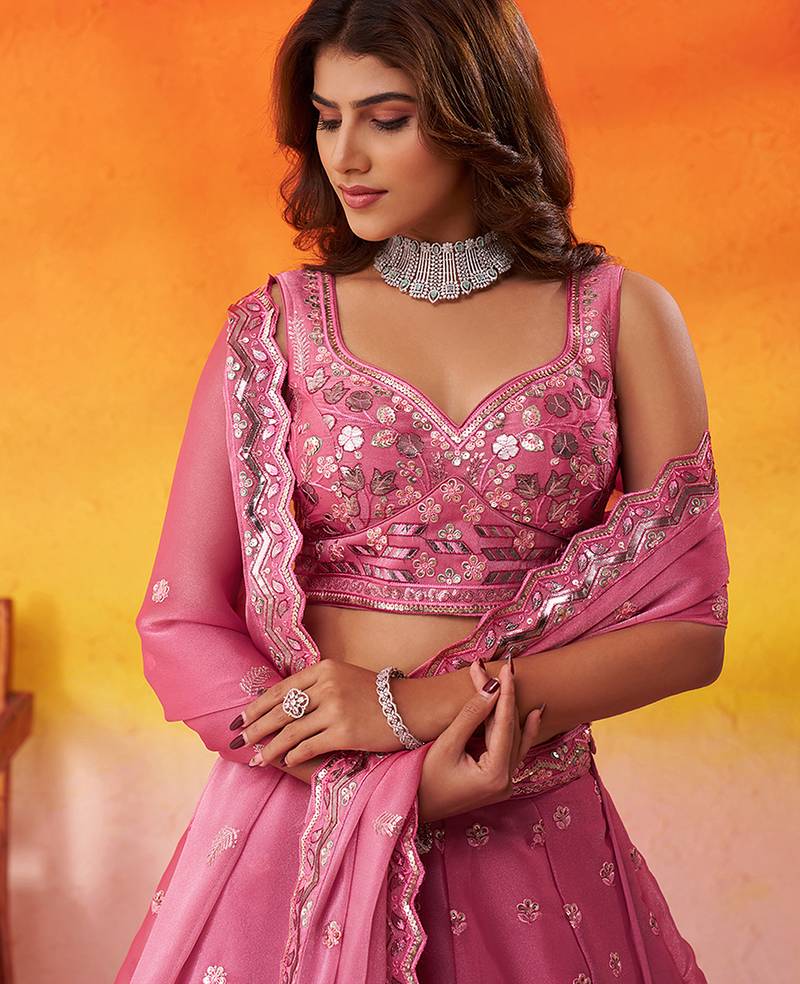 Pink Organza Sequins Thread & Embroidery Lehenga Choli With Dupatta
