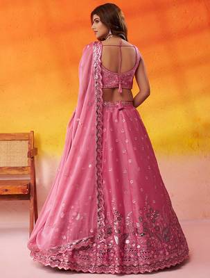 Pink Organza Sequins Thread & Embroidery Lehenga Choli With Dupatta 7