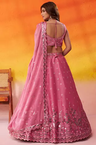 Pink Organza Sequins Thread & Embroidery Lehenga Choli With Dupatta