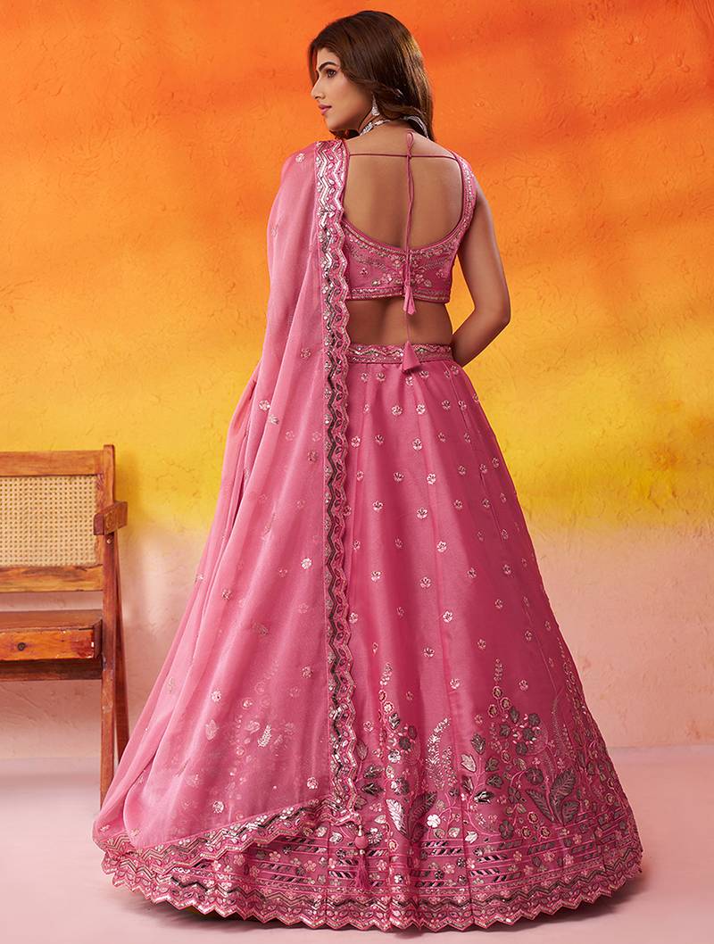 Pink Organza Sequins Thread & Embroidery Lehenga Choli With Dupatta