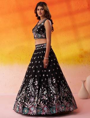 BLACK Net Sequins Thread & Embroidery Lehenga Choli With Dupatta 3