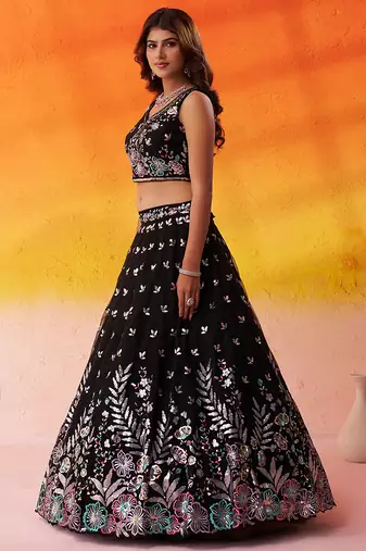 BLACK Net Sequins Thread & Embroidery Lehenga Choli With Dupatta
