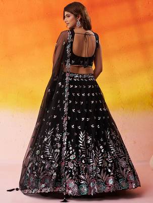 BLACK Net Sequins Thread & Embroidery Lehenga Choli With Dupatta 4