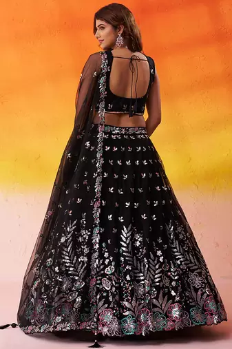 BLACK Net Sequins Thread & Embroidery Lehenga Choli With Dupatta