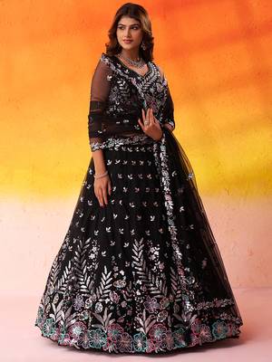BLACK Net Sequins Thread & Embroidery Lehenga Choli With Dupatta 5