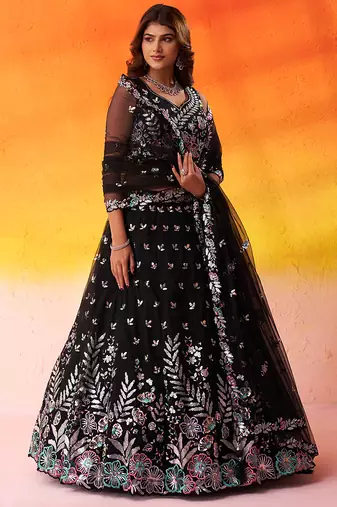 BLACK Net Sequins Thread & Embroidery Lehenga Choli With Dupatta