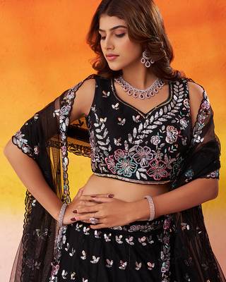 BLACK Net Sequins Thread & Embroidery Lehenga Choli With Dupatta 6