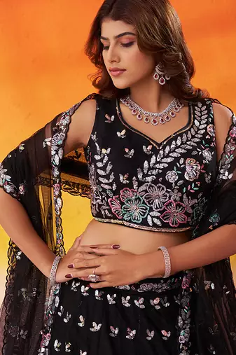 BLACK Net Sequins Thread & Embroidery Lehenga Choli With Dupatta