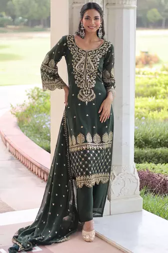  Green Embroidered Georgette Festive Kameez