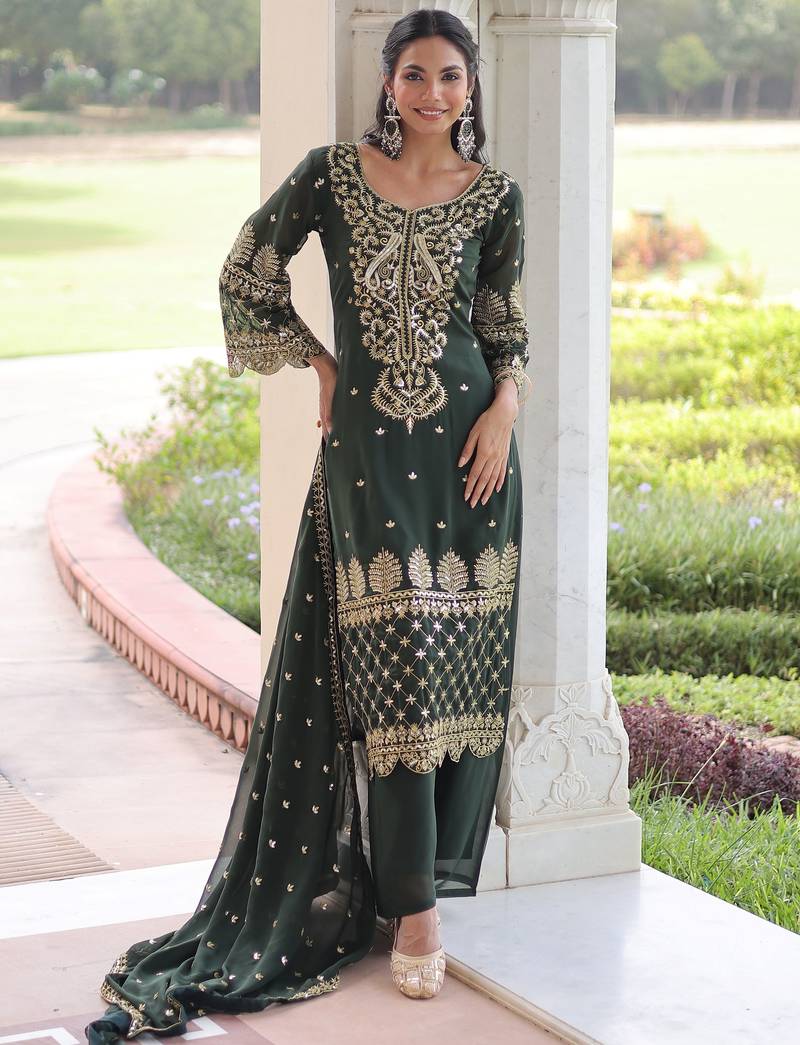  Green Embroidered Georgette Festive Kameez