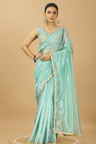 Gorgeous Twill Net Plain Saree With Multicolour Readymade Less And Unstitched Embroidery Blouse Piece