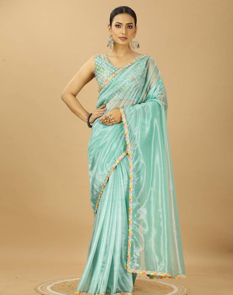 Gorgeous Twill Net Plain Saree With Multicolour Readymade Less And Unstitched Embroidery Blouse Piece