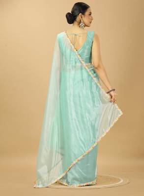 sea green net saree with embroidered blouse 3