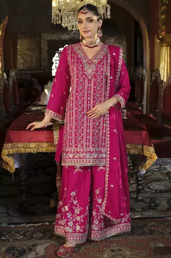 Pink chinon silk embroidered plazzo suit