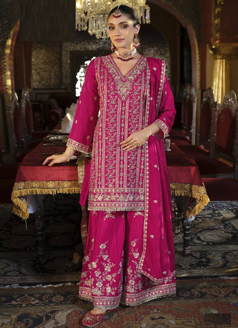 Pink chinon silk embroidered plazzo suit
