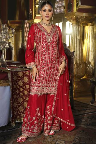 Red chinon silk embroidered palazzo suit