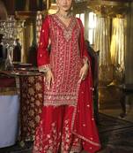 Red chinon silk embroidered palazzo suit