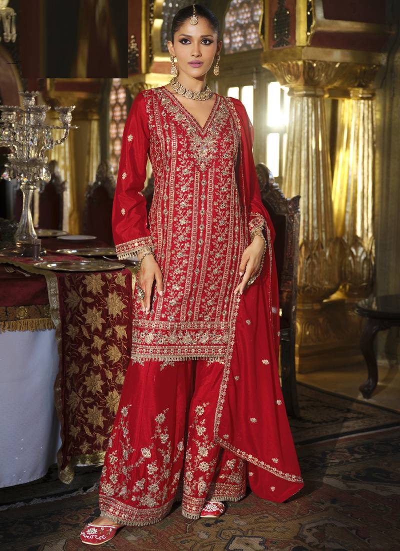 Red chinon silk embroidered palazzo suit