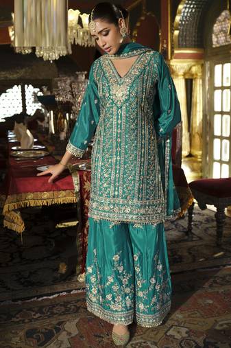 Turquoise chinon silk embroidered palazzo suit