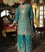 Turquoise chinon silk embroidered palazzo suit
