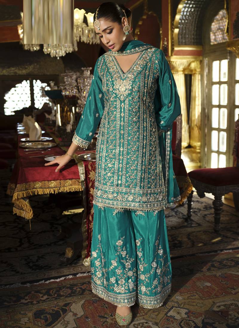 Turquoise chinon silk embroidered palazzo suit