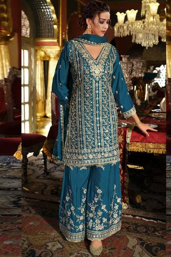 Aqua blue chinon silk embroidered plazzo suit