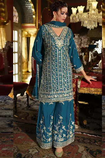 Aqua blue chinon silk embroidered plazzo suit