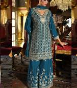 Aqua blue chinon silk embroidered plazzo suit
