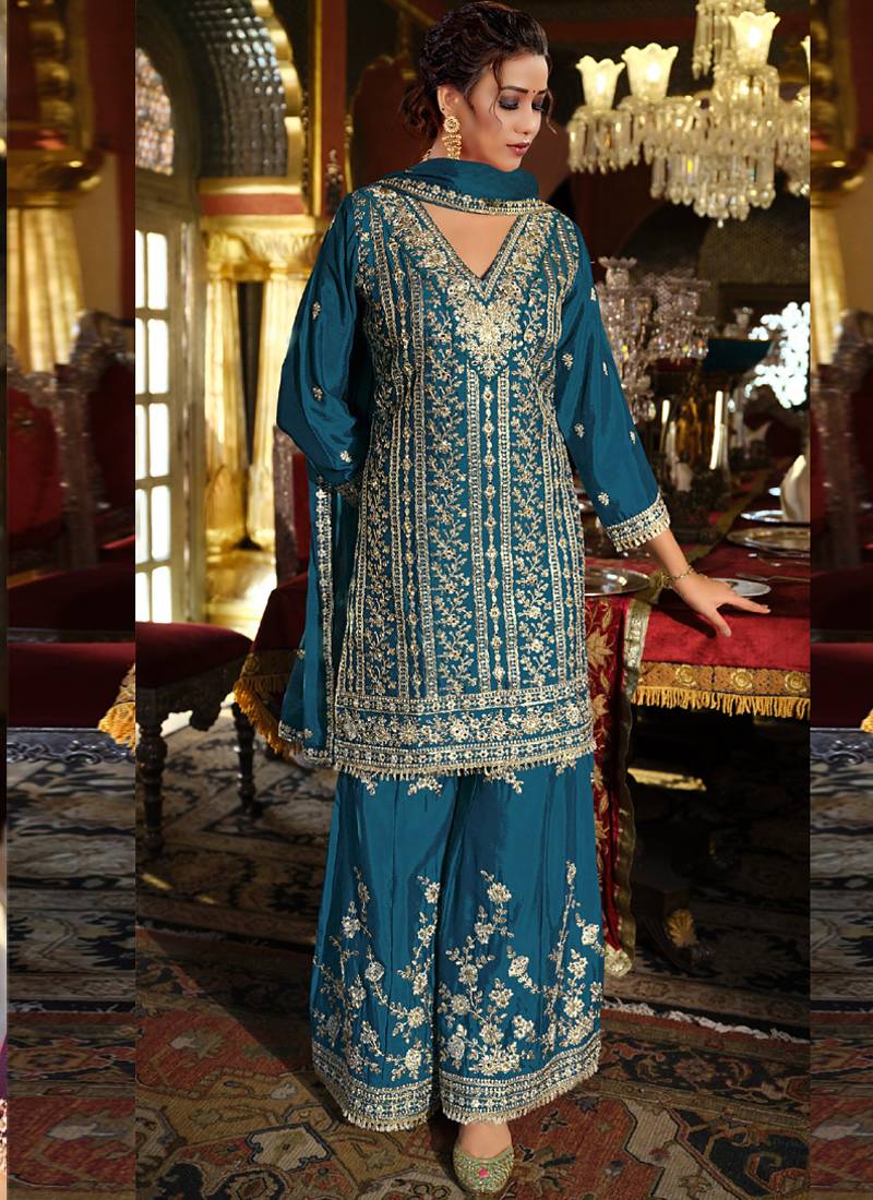 Aqua blue chinon silk embroidered plazzo suit