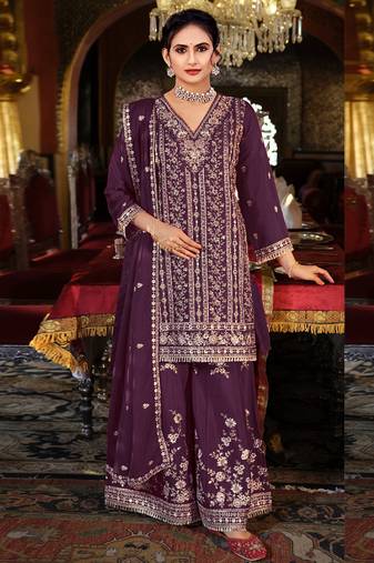 Wine chinon silk embroidered palazzo suit