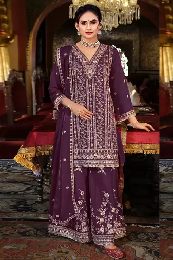 Wine chinon silk embroidered palazzo suit