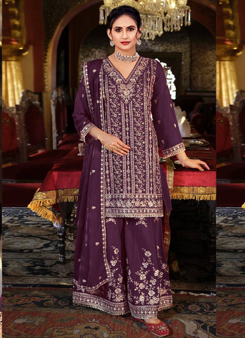 Wine chinon silk embroidered palazzo suit