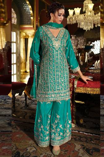 Aqua green chinon silk embroidered palazzo suit