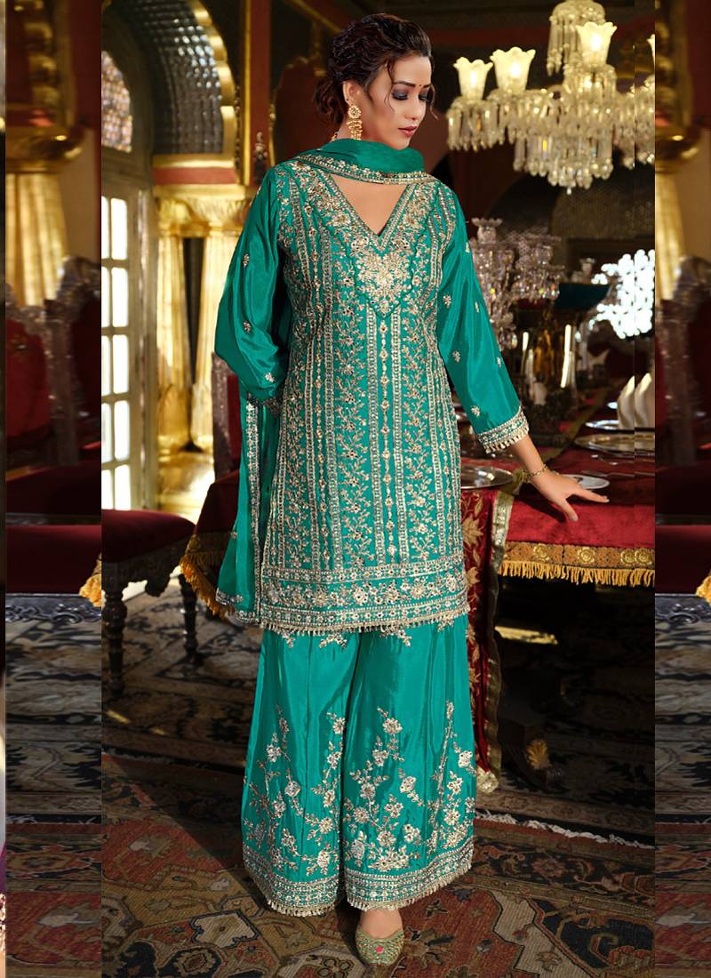 Aqua green chinon silk embroidered palazzo suit