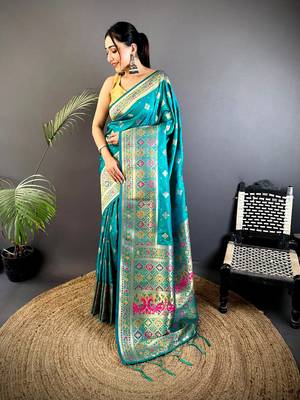teal banarasi lichi silk blend meenakari zari weaving patola saree 1