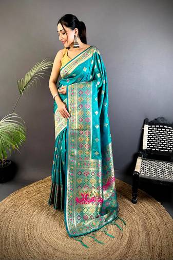 teal banarasi lichi silk blend meenakari zari weaving patola saree