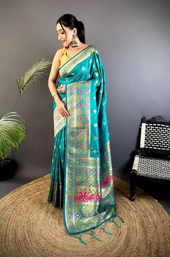 teal banarasi lichi silk blend meenakari zari weaving patola saree