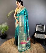 teal banarasi lichi silk blend meenakari zari weaving patola saree
