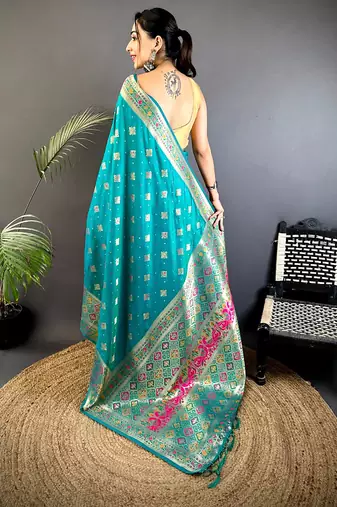 teal banarasi lichi silk blend meenakari zari weaving patola saree