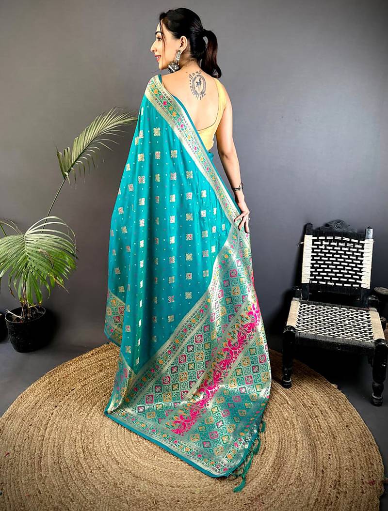 teal banarasi lichi silk blend meenakari zari weaving patola saree