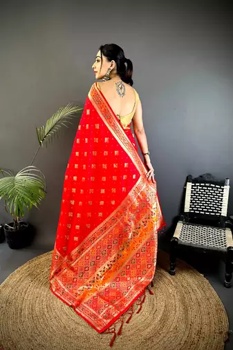 red banarasi lichi silk blend meenakari zari weaving patola saree