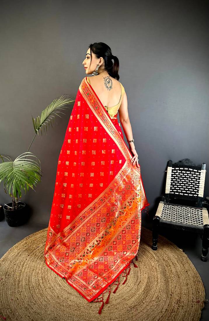 red banarasi lichi silk blend meenakari zari weaving patola saree