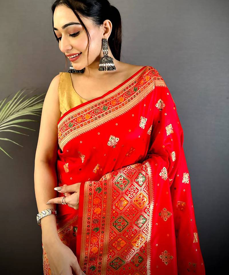 red banarasi lichi silk blend meenakari zari weaving patola saree