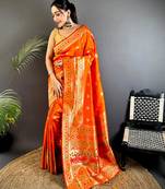 orange banarasi lichi silk blend meenakari zari weaving patola saree